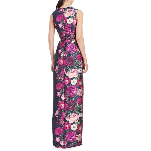 NEW KAY UNGER Coraline NAVY FLORAL SATIN Faux Wrap PLEATED Sheath COLUMN GOWN 8 - Picture 10 of 15